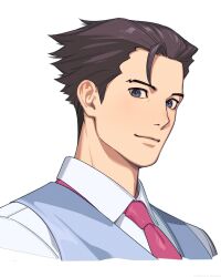 Rule 34 | 1boy, ace attorney, black hair, blue eyes, blue vest, closed mouth, collared shirt, cropped shoulders, hair slicked back, highres, kune akiro, male focus, necktie, phoenix wright, pink necktie, shirt, short hair, simple background, solo, three quarter view, vest, white background, white shirt