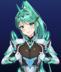 Rule 34 | 1girl, armor, blue background, blush, breasts, closed eyes, earrings, elbow gloves, gem, gloves, glowing, gradient background, green eyes, green hair, hair ornament, headpiece, jewelry, large breasts, lips, looking at viewer, matching hair/eyes, naughty face, nemunemu semi, nintendo, nipples, open mouth, pervert, pneuma (xenoblade), ponytail, shoulder armor, smile, solo, spoilers, tiara, tongue, tongue out, xenoblade, xenoblade chronicles (series), xenoblade chronicles 2
