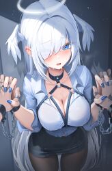Rule 34 | 1girl, absurdres, black choker, black skirt, blue eyes, blue nails, breasts, brown pantyhose, button gap, chest harness, choker, cleavage, cowboy shot, cuffs, dress shirt, eyes visible through hair, hair over one eye, halo, handcuffs, hands up, harness, head wings, highres, holding hands, kira (kira78718520), large breasts, long hair, long sleeves, looking at viewer, miniskirt, nail polish, open mouth, original, pantyhose, pencil skirt, shirt, shirt tucked in, skirt, solo, standing, sweat, tearing up, very long hair, white hair, white shirt, wings