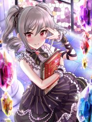 Rule 34 | 10s, 1girl, bad id, bad pixiv id, bare shoulders, book, bow, drill hair, gem, gothic lolita, holding, holding book, idolmaster, idolmaster cinderella girls, kanzaki ranko, lolita fashion, long hair, official style, red eyes, ribbon, sanoaki, silver hair, smile, solo, sparkle, stained glass, twin drills, twintails, twitter username