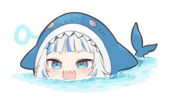Rule 34 | 1girl, a (phrase), animal hood, blue eyes, blue hair, blunt bangs, blush, chibi, commentary request, fins, fish tail, gawr gura, gawr gura (1st costume), hololive, hololive english, hood, hood up, isuka, looking ahead, multicolored hair, open mouth, shark girl, shark hood, shark tail, sharp teeth, solo, streaked hair, swimming, tail, teeth, two-tone hair, virtual youtuber, water, white hair