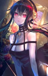 Rule 34 | 1girl, bare shoulders, black dress, black hair, blood, blood in hair, blurry, blurry background, breasts, cleavage, depth of field, dress, earrings, flower, framed, gloves, hair flower, hair ornament, hairband, highres, holding, holding weapon, jewelry, large breasts, long hair, looking at viewer, picture frame, red eyes, samo cha, sidelocks, spy x family, upper body, weapon, yor briar