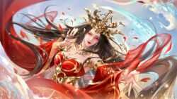 Rule 34 | 1girl, absurdres, blue sky, bracelet, brown hair, cai lin (doupo cangqiong), closed mouth, detached sleeves, doupo cangqiong, dress, earrings, hair ornament, head tilt, highres, jewelry, looking at viewer, off-shoulder dress, off shoulder, pointy ears, red eyes, red nails, second-party source, sha shan, sky, smile, solo, sparkle, upper body