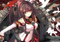 Rule 34 | 10s, 1girl, breasts, brown hair, cherry blossoms, headgear, kantai collection, large breasts, long hair, looking at viewer, machinery, navel, ponytail, red eyes, shirokitsune, smile, solo, turret, yamato (kancolle)