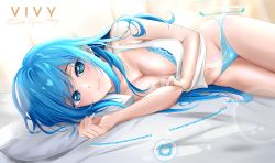 Rule 34 | 1girl, absurdres, bare arms, bed sheet, blue bra, blue eyes, blue hair, blue panties, bra, character name, clement39, closed mouth, copyright name, groin, highres, long hair, looking at viewer, lying, midriff, navel, on side, panties, pillow, shiny skin, shirt, sleeveless, sleeveless shirt, smile, solo, stomach, straight hair, underwear, very long hair, vivy, vivy: fluorite eye&#039;s song, white shirt