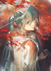 Rule 34 | 1girl, autumn leaves, branch, commentary, green eyes, green hair, hair between eyes, hatsune miku, headphones, headphones around neck, holding, holding umbrella, hood, hooded jacket, jacket, leaf, long hair, looking at viewer, looking to the side, maple leaf, see-through, solo, spencer sais, transparent, transparent umbrella, twintails, umbrella, upper body, very long hair, vocaloid