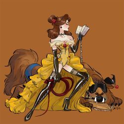 Rule 34 | 1boy, 1girl, ball gag, beast (disney), beauty and the beast, belle (disney), black choker, black footwear, black gloves, blindfold, book, boots, briar choker, brown background, brown hair, choker, commentary, disney, dominatrix, dress, elbow gloves, english commentary, femdom, gag, gagged, gagged male, gloves, highres, holding, holding book, holding whip, kiddo hah, leash, simple background, thigh boots, wiffle gag, yellow dress