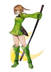 Rule 34 | 1girl, absurdres, bob cut, boots, breasts, brown hair, dress, emblem, gloves, green dress, green footwear, green gloves, halberd, headphones, highres, holding, holding weapon, knee boots, konami kirie, legs apart, long sleeves, looking at viewer, mnmnwtsn, outstretched arm, parted lips, polearm, sheath, short hair, simple background, smile, solo, standing, weapon, white background, world trigger