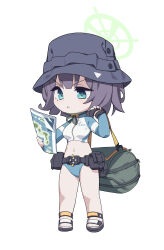 Rule 34 | 1girl, absurdres, bag, bikini, black hair, black hat, blue archive, blue bikini, breasts, closed mouth, full body, green eyes, green halo, halo, hat, highres, holding, holding map, large breasts, long sleeves, map, movcat, navel, raglan sleeves, rash guard, saki (blue archive), saki (swimsuit) (blue archive), sandals, short hair, simple background, solo, swimsuit, white background