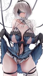 Rule 34 | 1girl, absurdres, blindfold, breasts, cosplay, gluteal fold, groin, highres, huge breasts, kaine (nier), kaine (nier) (cosplay), kokihanada, nier:automata, nier (series), nipple slip, nipples, revealing clothes, solo, white hair, 2b (nier:automata)