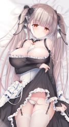 Rule 34 | 1girl, azur lane, bare shoulders, between breasts, black dress, black nails, blush, breasts, cameltoe, cleavage, clothes lift, cowboy shot, dress, dress lift, earrings, formidable (azur lane), frilled dress, frills, grey hair, groin, hair ribbon, highres, jewelry, large breasts, lifting own clothes, long hair, long sleeves, looking at viewer, lying, nail polish, on back, panties, panty pull, red eyes, ribbon, solo, sousouman, thighhighs, twintails, underwear, very long hair, white panties, white thighhighs