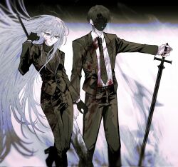 Rule 34 | 1boy, 1girl, absurdly long hair, angelica (project moon), black gloves, black jacket, black necktie, black pants, blood, blood on clothes, blood on face, closed mouth, collared shirt, formal, gloves, haloyxxxxxxx, hand up, highres, holding, holding sword, holding weapon, husband and wife, jacket, library of ruina, long hair, looking at viewer, necktie, pants, project moon, roland (project moon), shirt, smile, standing, suit, sword, very long hair, weapon, white hair, white shirt