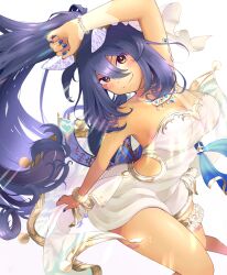 Rule 34 | 1girl, animal ears, arm up, armpits, bare shoulders, black hair, blue nails, blush, breasts, cherry blossoms, cleavage, closed mouth, commentary request, dark-skinned female, dark skin, dress, ear covers, gem, gold bracelet, gold necklace, hair between eyes, highres, hishi amazon (hungry veil) (umamusume), hishi amazon (umamusume), horse ears, horse girl, ibispaint (medium), jewelry, kr gm, long hair, medium breasts, necklace, nontraditional wedding dress, official alternate costume, ponytail, red eyes, simple background, smile, solo, umamusume, upper body, very long hair, wedding dress, white background, white dress
