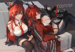 2girls black_hat breasts cleavage clothing_cutout goddess_of_victory:_nikke hat highres horns jacket leather leather_jacket leather_pants leg_cutout mechanical_horns multiple_girls necktie official_alternate_design official_alternate_hair_color oval_blue pants rapi_(nikke) rapi_(red_hood)_(nikke) red_eyes red_hair red_hood_(nikke) red_necktie red_scarf scarf