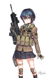 Rule 34 | 1girl, ammunition pouch, aqua eyes, arm at side, assault rifle, black socks, blue hair, borrowed character, bullpup, commentary, feet out of frame, fn f2000, fn herstal, gloves, green necktie, gun, hair between eyes, headset, highres, holding, holding gun, holding weapon, jacket, knee pads, kneehighs, kws, long sleeves, looking at viewer, military, modular weapon system, necktie, original, pleated skirt, pouch, rifle, short hair, signature, simple background, skirt, smile, socks, solo, standing, thigh pouch, trigger discipline, weapon, white background, wing collar