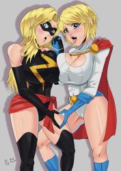 Rule 34 | 2girls, absurdres, after kiss, asymmetrical docking, bare shoulders, belt, belt buckle, blonde hair, blue eyes, blush, boots, breast press, breasts, buckle, cape, carol danvers, cleavage, cleavage cutout, clothing cutout, covered erect nipples, crossover, dc comics, dominatrix, elbow gloves, gloves, highres, huge filesize, kara zor-l, knee boots, large breasts, leotard, long hair, marvel, mask, ms. marvel, multiple girls, power girl, saliva, sash, shiny skin, short hair, thighhighs, yuri