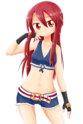 Rule 34 | 1girl, belt, black gloves, blue shirt, blue shorts, breasts, cleavage, closed mouth, collarbone, crop top, etrian odyssey, fingerless gloves, gloves, long hair, looking at viewer, midriff, naga u, navel, orange eyes, raquna sheldon, red hair, sekaiju no meikyuu, shin sekaiju no meikyuu, shirt, short shorts, shorts, simple background, sleeveless, sleeveless shirt, small breasts, smile, solo, stomach, white background