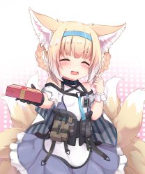 Rule 34 | 1girl, :d, ^ ^, absurdres, animal ear fluff, animal ears, arknights, bad id, bad pixiv id, bare shoulders, black gloves, blonde hair, blouse, blue hairband, blue skirt, blush, box, braid, braided hair rings, breasts, closed eyes, commentary, english commentary, facing viewer, fang, fox ears, fox girl, fox tail, frilled skirt, frills, gift, gift box, gloves, gradient background, hair rings, hairband, highres, holding, holding gift, infection monitor (arknights), kitsune, luxuriou s, multicolored hair, open mouth, pink background, pleated skirt, polka dot, polka dot background, shirt, single glove, skirt, small breasts, smile, solo, striped, suzuran (arknights), tail, twin braids, two-tone hair, valentine, vertical stripes, white background, white hair, white shirt, wrist cuffs