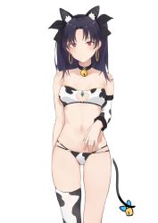 Rule 34 | 1girl, absurdres, animal ears, animal print, asymmetrical sleeves, bandeau, bell, black bow, black hair, black sleeves, bow, bra, breasts, choker, cow ears, cow print, detached sleeves, earrings, fate/grand order, fate (series), floating hair, grain, hair between eyes, hair bow, hair intakes, highres, ishtar (fate), jewelry, long hair, long sleeves, looking at viewer, medium breasts, navel, neck bell, panties, red eyes, simple background, single sleeve, single thighhigh, skindentation, smile, solo, strapless, thighhighs, transparent background, tube top, twintails, underwear, uneven sleeves, very long hair, white background, white bra