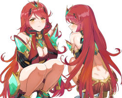 Rule 34 | 1girl, alternate color, anger vein, ass, blush, breasts, butt crack, chest jewel, cleavage, closed mouth, cosplay, dimples of venus, duplicate, elbow gloves, frown, gem, gloves, head rest, headpiece, highres, jewelry, large breasts, long hair, multiple views, mythra (xenoblade), nintendo, ormille, pyra (xenoblade), pyra (xenoblade) (cosplay), red hair, simple background, squatting, swept bangs, thighs, tiara, white background, xenoblade chronicles (series), xenoblade chronicles 2, yellow eyes