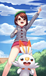 Rule 34 | 10s, 1girl, 2019, aged down, animal, animal ears, bandaid, batazungharn, beret, breasts, brown eyes, brown hair, cloud, convenient censoring, convenient head, creatures (company), dated, eyebrows, from below, game freak, gen 8 pokemon, gloria (pokemon), green headwear, hat, highres, matching hair/eyes, miniskirt, nintendo, no panties, open mouth, orange eyes, outdoors, pointing, pokemon, pokemon (creature), pokemon swsh, rabbit, scorbunny, shirt, short hair, skirt, sky, small breasts, sweater, tam o&#039; shanter, teeth