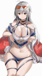 Rule 34 | 1girl, absurdres, ahoge, alternate eye color, arknights, bare shoulders, black choker, breasts, choker, cleavage, commentary, cowboy shot, eyewear on head, grey hair, hair between eyes, highres, inflatable orca, inflatable toy, jsscj, large breasts, long hair, looking at viewer, navel, no headwear, no pants, off-shoulder shirt, off shoulder, orange eyes, shirt, short sleeves, simple background, skadi (arknights), skadi (waverider) (arknights), solo, stomach, sunglasses, thigh strap, thighs, very long hair, white background, white shirt