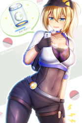 Rule 34 | 10s, 1girl, absurdres, arm at side, backpack, bag, baseball cap, belt, black gloves, black hat, black leggings, blonde hair, blue eyes, blush, breasts, cellphone, choker, collarbone, contrapposto, covered navel, cowboy shot, creatures (company), cropped jacket, egg, exhausted, eyebrows, female protagonist (pokemon go), fingerless gloves, game freak, gameplay mechanics, gloves, guardian-panda, hair between eyes, hand on own thigh, hat, highres, holding, holding phone, large breasts, leaning to the side, leggings, legs apart, lightning bolt symbol, long hair, nintendo, pain, phone, poke ball, pokemon, pokemon go, ponytail, see-through, skin tight, sleeves past elbows, smartphone, solo, sparkle, speech bubble, standing, sweat, twitter username, wet, wet clothes, wet jacket