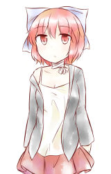 Rule 34 | 1girl, :/, bandaged neck, bandages, bow, camisole, contemporary, expressionless, hair bow, jacket, large bow, miniskirt, off shoulder, puchimirin, red eyes, red hair, sekibanki, skirt, solo, touhou