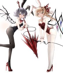 Rule 34 | 2girls, :d, absurdres, animal ears, ascot, bat wings, black leotard, blonde hair, bunny day, commentary, crystal, detached collar, english commentary, flandre scarlet, hair ribbon, high heels, highres, holding, holding weapon, laevatein (touhou), leotard, looking at viewer, multiple girls, one side up, open mouth, ougiikun, playboy bunny, purple hair, rabbit ears, rabbit tail, red ascot, red eyes, red footwear, red leotard, red ribbon, remilia scarlet, ribbon, short hair, siblings, simple background, sisters, smile, spear the gungnir, standing, standing on one leg, tail, thighhighs, touhou, weapon, white background, white thighhighs, wings, wrist cuffs, yellow ascot