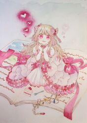 Rule 34 | 1girl, blonde hair, book, chaos marie (grimms notes), dress, fork, frills, gradient hair, grimms notes, hair ribbon, heart, heart-shaped pupils, heart hands, jewelry, long hair, m starff, multicolored hair, pendant, pink eyes, puffy short sleeves, puffy sleeves, ribbon, short sleeves, sitting, smile, solo, symbol-shaped pupils, wings