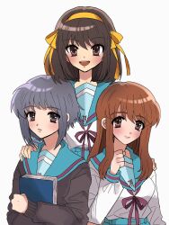 Rule 34 | 3girls, 8plus1000, :d, asahina mikuru, blue sailor collar, blue skirt, blush, bob cut, book, hugging book, brown eyes, brown hair, closed mouth, commentary request, hair ribbon, hairband, hand on another&#039;s shoulder, highres, holding, holding book, hugging object, kita high school uniform, long hair, long sleeves, looking at viewer, medium hair, multiple girls, nagato yuki, open mouth, purple hair, red ribbon, ribbon, sailor collar, school uniform, serafuku, short hair, simple background, skirt, smile, suzumiya haruhi, suzumiya haruhi no yuuutsu, teeth, upper teeth only, white background, winter uniform, yellow hairband, yellow ribbon