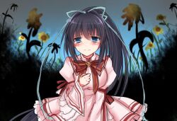 Rule 34 | 1girl, akausagi, black hair, blue eyes, blue ribbon, blush, clenched hand, closed mouth, commentary request, cowboy shot, crying, crying with eyes open, dark background, darkness, dress, eyelashes, eyes visible through hair, flower, frilled dress, frilled sleeves, frills, frown, furrowed brow, garden, hair between eyes, hair intakes, hair ribbon, hand up, juliet sleeves, kazamatsuri institute high school uniform, konohana lucia, long hair, long ribbon, long sleeves, looking at viewer, neck ribbon, one-hour drawing challenge, pink dress, ponytail, puffy sleeves, red ribbon, rewrite, ribbon, sad, school uniform, sketch, solo, spoilers, standing, straight-on, straight hair, streaming tears, sunflower, tears, very long hair, wide sleeves, wilted flower