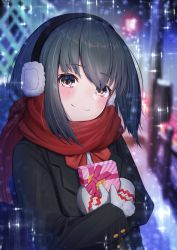 Rule 34 | 1girl, black eyes, black hair, black jacket, blazer, blurry, blurry background, blush, bow, bowtie, closed mouth, earmuffs, enpera, gift, grey mittens, highres, holding, holding gift, jacket, looking at viewer, mittens, nishiuji, original, red bow, red scarf, scarf, school uniform, smile, solo, sparkle background, upper body, valentine