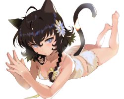 Rule 34 | 1girl, ahoge, animal ears, arutera, barefoot, black hair, blue eyes, braid, cat ears, cat tail, collarbone, flower, hair between eyes, hair flower, hair ornament, highres, looking at viewer, lying, on stomach, original, own hands together, short hair with long locks, side braid, simple background, single braid, solo, steepled fingers, tail, the pose, white background