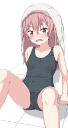 Rule 34 | 1girl, absurdres, bare arms, bare shoulders, black one-piece swimsuit, blush, breasts, collarbone, commentary request, feet out of frame, female focus, hair between eyes, highres, inui sajuna, knees up, long hair, looking at viewer, old school swimsuit, one-piece swimsuit, open mouth, pink hair, purple eyes, school swimsuit, small breasts, solo, sono bisque doll wa koi wo suru, swimsuit, takasuma hiro, towel, towel on head, wavy mouth, white background