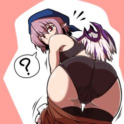 Rule 34 | 1girl, ?, ass, bird wings, changing clothes, from behind, looking back, midori niku, mystia lorelei, okamisty, pink eyes, pink hair, solo, spoken question mark, thighhighs, thighs, touhou, wings