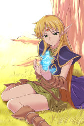 Rule 34 | 1girl, armor, belt, blonde hair, boots, cape, circlet, deedlit, elf, female focus, g-tetsu, glowing, grass, green eyes, highres, magic, nature, outdoors, pointy ears, record of lodoss war, sitting, smile, solo, tree, undine