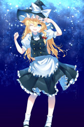 Rule 34 | 1girl, :d, alternate eye color, apron, arms up, black footwear, black skirt, black vest, blonde hair, blue background, blue eyes, braid, commentary, contrapposto, feet out of frame, gradient background, hair between eyes, hair ribbon, hand on own forehead, hat, hat ribbon, highres, kirisame marisa, kisamu (ksmz), leaning to the side, long hair, one eye closed, open mouth, petticoat, puffy short sleeves, puffy sleeves, ribbon, shirt, short sleeves, single braid, skirt, smile, socks, solo, standing, star (symbol), starry background, teeth, touhou, tress ribbon, upper teeth only, v, very long hair, vest, waist apron, white shirt, white socks, witch hat