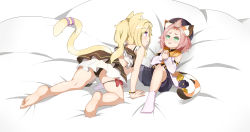 Rule 34 | 2girls, absurdres, all fours, animal ear fluff, animal ears, ass, bangs pinned back, barefoot, bed sheet, benghuai xueyuan, black panties, black shorts, blonde hair, blush, cat ears, cat girl, cat tail, commentary request, company connection, crossover, detached sleeves, diona (genshin impact), eyes visible through hair, genshin impact, green eyes, hat, highres, honkai (series), long hair, looking at another, lying, mihoyo, multiple girls, ninti apocalypse, panties, parted lips, pink hair, puffy shorts, puffy sleeves, purple eyes, short hair, shorts, side ponytail, sidelocks, tail, thick eyebrows, underwear, xianyu fanshen qian