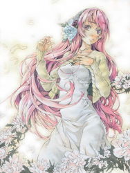 Rule 34 | 1girl, color ink (medium), dress, issun boushi (ilmtkimoti), just be friends (vocaloid), long hair, making-of available, megurine luka, pink eyes, solo, string, string of fate, tears, traditional media, very long hair, vocaloid, watercolor pencil (medium), white dress