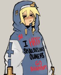 Rule 34 | &gt; &lt;, 1boy, :3, absurdres, blonde hair, braid, bridget (guilty gear), closed eyes, english text, female focus, guilty gear, guilty gear strive, hammer and sickle, highres, hood, hood up, hoodie, long sleeves, male focus, mars symbol, side braid, smile, solo, squidmiku 