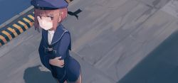 Rule 34 | 1girl, air kon, blue dress, blue hat, blue sailor collar, blush, brown eyes, brown hair, character name, closed mouth, clothes writing, commentary, dated, dress, dutch angle, expressionless, from above, half-closed eyes, hand on own arm, hat, kantai collection, long sleeves, negative space, outdoors, sailor collar, sailor dress, sailor hat, short hair, sideways glance, solo, standing, upper body, wide shot, z3 max schultz (kancolle)