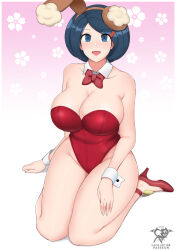Rule 34 | 1girl, artist name, bare shoulders, blue eyes, blue hair, blush, bow, bowtie, breasts, cleavage, collarbone, commentary, creatures (company), game freak, gradient background, hair ornament, hairclip, hand on own thigh, high heels, johanna (pokemon), kaos art, large breasts, leotard, nintendo, pokemon, pokemon dppt, red bow, red bowtie, red footwear, red leotard, seiza, sitting, smile, solo, wrist cuffs