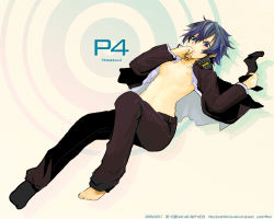 Rule 34 | 1girl, androgynous, atlus, bad id, bad pixiv id, barefoot, blue eyes, blue hair, blush, breasts, flat chest, lying, maguchimo, matching hair/eyes, open clothes, open shirt, persona, persona 4, reverse trap, shirogane naoto, shirt, short hair, socks, solo, wallpaper