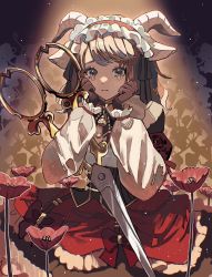 Rule 34 | 1girl, animal ears, black corset, bow, brown gloves, brown hair, corset, crying, detached sleeves, flower, frown, gloves, goat ears, goat horns, hairband, hanasato minori, highres, holding, holding scissors, horns, ksan tb, light particles, lolita hairband, long sleeves, looking at viewer, medium hair, poppy (flower), project sekai, puffy long sleeves, puffy sleeves, red bow, red flower, red skirt, scissors, shirt, sitting, skirt, solo, tears, white shirt, zekkyou!? ookami no mori e youkoso! (project sekai)