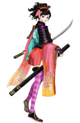 Rule 34 | 1girl, armor, bad id, bad pixiv id, brown eyes, brown hair, comb, flower, hair flower, hair ornament, holding, holding sword, holding weapon, japanese armor, japanese clothes, katana, kimono, looking back, momohime, oboro muramasa, ponytail, ribbon, sandals, scabbard, sheath, short kimono, shoulder armor, sode, solo, striped clothes, striped thighhighs, sword, thighhighs, uraku, vanillaware, weapon