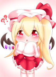 Rule 34 | 1girl, ?, ??, alternate hair length, alternate hairstyle, arms up, blonde hair, blush, chibi, flandre scarlet, gradient background, hair between eyes, hat, hat ribbon, highres, long hair, looking at viewer, mob cap, open mouth, petticoat, pink background, red eyes, red skirt, red vest, ribbon, shirt, side ponytail, skirt, skirt set, sleeves past fingers, sleeves past wrists, solo, thighhighs, touhou, triangle mouth, very long hair, vest, white hat, white shirt, white thighhighs, wings, yairenko, zettai ryouiki