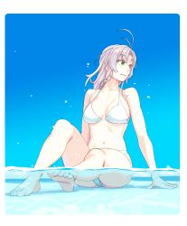 Rule 34 | 1girl, antenna hair, arm support, bikini, blue background, full body, gradient background, green eyes, grey hair, highres, kantai collection, kinugasa (kancolle), looking to the side, medium hair, partially submerged, partially underwater shot, shallow water, sitting, solo, swimsuit, underwater, water, white bikini, yuuji (and)