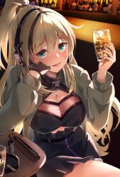 Rule 34 | 1girl, ammo21204760, bar (place), black hair, blonde hair, blush, breasts, character name, cleavage, cup, fingerless gloves, girls&#039; frontline, gloves, green eyes, headphones, holding, holding cup, ice, ice cube, lamg (girls&#039; frontline), long hair, looking at viewer, medium breasts, mole, mole under eye, multicolored hair, multiple moles, pink nails, single glove, sitting, smile, solo, streaked hair, tongue, tongue out