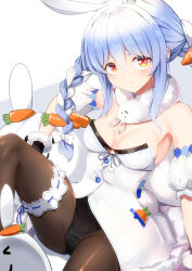 Rule 34 | 1girl, absurdres, animal ears, black leotard, black pantyhose, blue hair, breasts, carrot hair ornament, closed mouth, commentary request, detached sleeves, don-chan (usada pekora), dress, extra ears, food-themed hair ornament, fur scarf, hair ornament, highres, hololive, knee up, leotard, long hair, looking at viewer, medium breasts, multicolored hair, namako (namacotan), pantyhose, rabbit-shaped pupils, rabbit ears, rabbit tail, red eyes, short eyebrows, sidelocks, sitting, sleeveless, sleeveless dress, solo, symbol-shaped pupils, tail, thick eyebrows, twintails, two-tone hair, usada pekora, usada pekora (1st costume), virtual youtuber, white dress, white hair